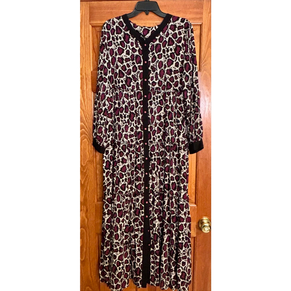 Bagiza Animal Print Maxi Dress Women’s 46 XL Purple Black Leopard Button Front - Picture 2 of 8